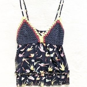 CHELSEA & VIOLET Crochet and Bird Print Top
